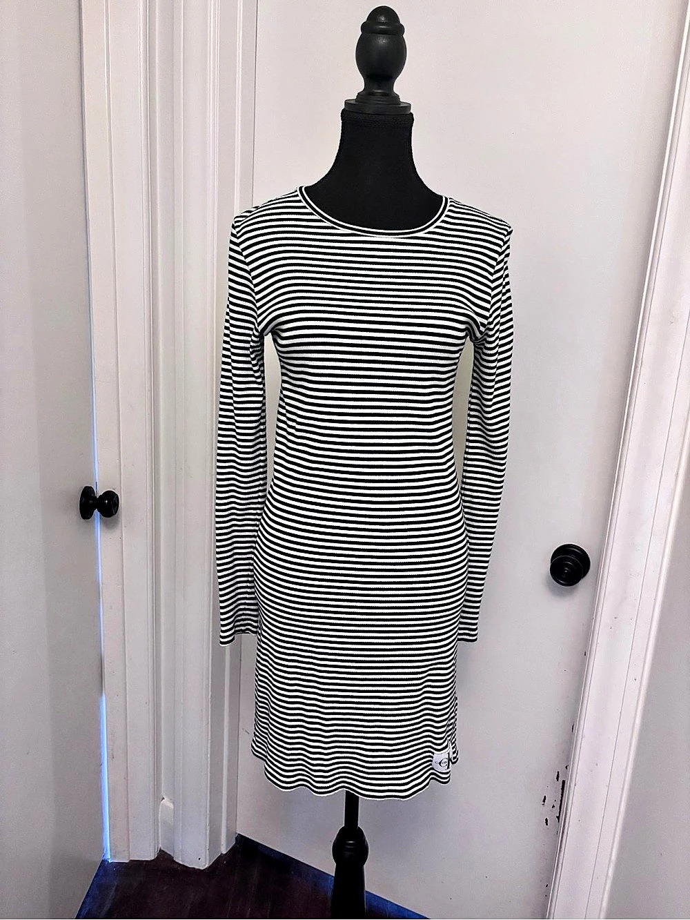 Calvin Klein Jeans Striped Long Sleeve Dress in Black & White Size Medium